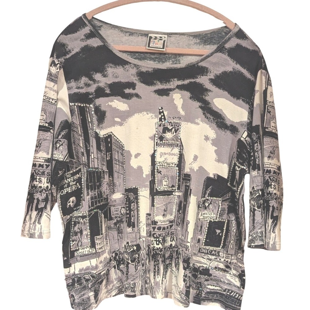 Take Two Clothing Co‎ Times Square Broadway Top Gray Rhinestone Y2K NYC Graphic